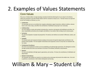 2. Examples of Values Statements




 William & Mary – Student Life
 