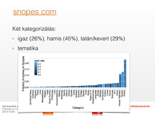 snopes.com 
Két kategorizálás: 
‣ igaz (26%), hamis (45%), talán/kevert (29%) 
‣ tematika 
RG Stúdió 
És az Internet Önnek...