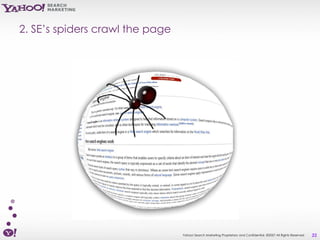 2. SE’s spiders crawl the page




                                 Yahoo! Search Marketing Proprietary and Confidential. ©2007 All Rights Reserved   22
 