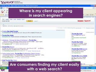 Where is my client appearing
         in search engines?




Are consumers finding my client easily
         with a web search?
                        Yahoo! Search Marketing Proprietary and Confidential. ©2007 All Rights Reserved   2
 