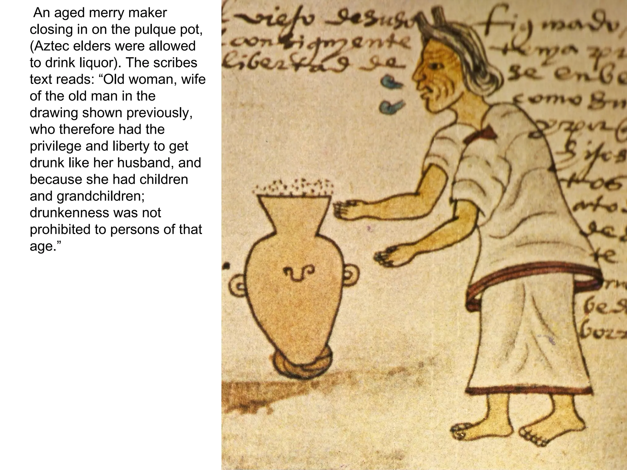 An aged merry maker closing in on the pulque pot, (Aztec elders were allowed to drink liquor). The scribes text reads: “Old woman, wife of the old man in the drawing shown previously, who therefore had the privilege and liberty to get drunk like her husband, and because she had children and grandchildren; drunkenness was not prohibited to persons of that age.”  