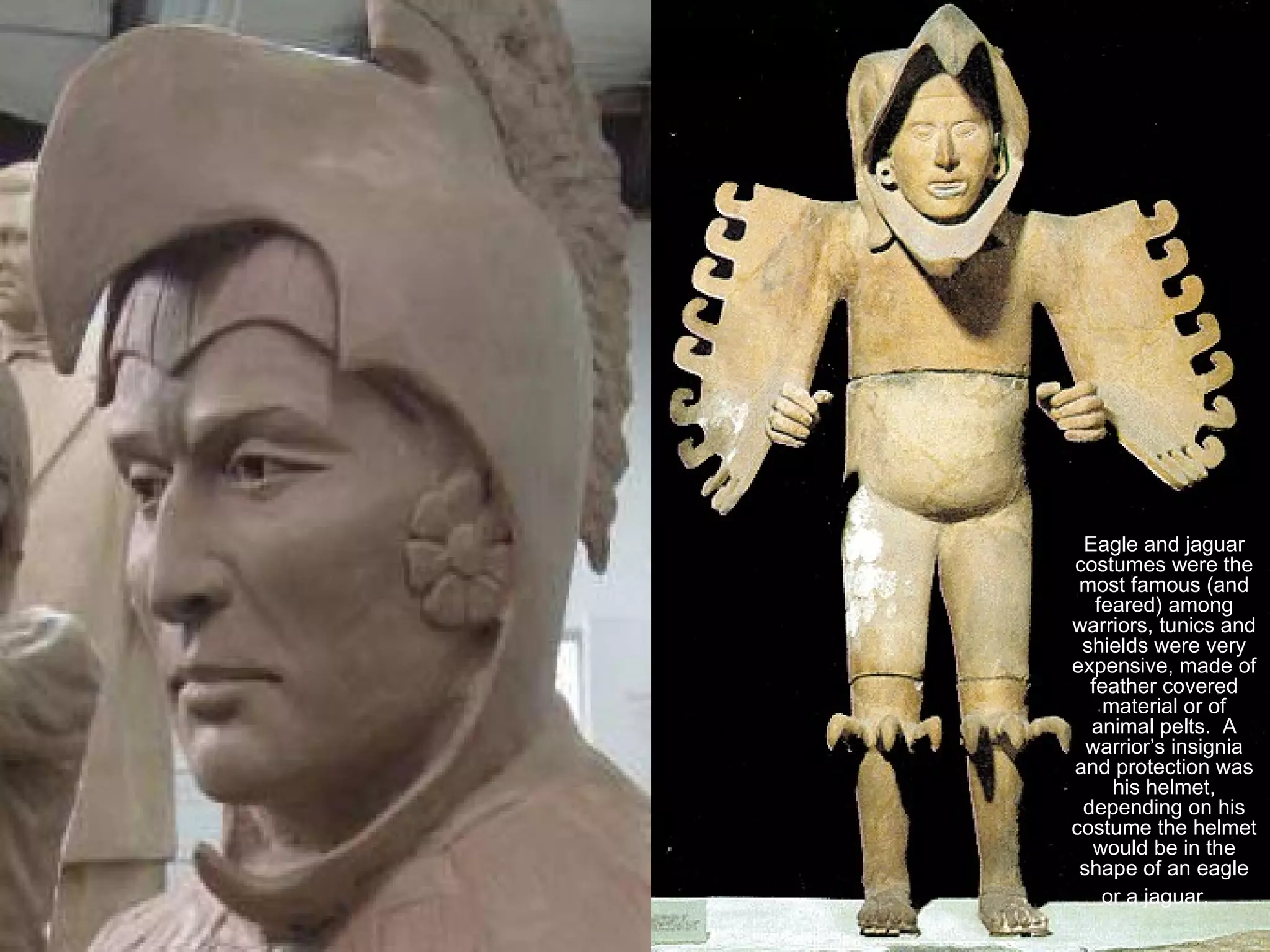 Eagle and jaguar costumes were the most famous (and feared) among warriors, tunics and shields were very expensive, made of feather covered material or of animal pelts.  A warrior’s insignia and protection was his helmet, depending on his costume the helmet would be in the shape of an eagle or a jaguar.   