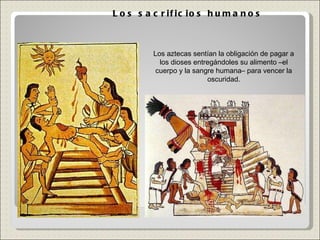 Los sacrificios humanos Los aztecas sentían la obligación de pagar a los dioses entregándoles su alimento –el cuerpo y la sangre humana– para vencer la oscuridad. 