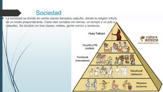 Sociedad
 La sociedad se dividió en veinte clanes llamados calpullis, donde la religión influía
de un modo preponderante, Cada clan contaba con tierras, un templo y un jefe o
calpullec. Se dividían en tres clases; nobles, gente común y esclavos.
 