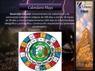 Calendario Maya
Desarrollo Cultural: Conocimientos de matemática y de
astronomía (calendario religioso de 260 días y civil de 18 meses
de 20 días y cinco complementarios (365 días en total).Escritura
ideográfica y pictográfica. Construcción arquitectónica (pirámides
escalonadas).
 