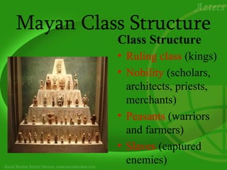 Mayan Class Structure
          Class Structure
          • Ruling class (kings)
          • Nobility (scholars,
            architects, priests,
            merchants)
          • Peasants (warriors
            and farmers)
          • Slaves (captured
            enemies)
 