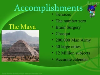 Accomplishments
           •   Terraces
           •   The number zero
The Maya   •   Brain Surgery
           •   Chasqui
           •   200,000 Man Army
           •   40 large cities
           •   12 Million subjects
           •   Accurate calendar
 
