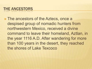TheancestorsThe ancestors of the Aztecs, once a despised group of nomadic hunters from northwestern Mexico, received a divine command to leave their homeland, Aztlan, in the year 1116 A.D. After wandering for more than 100 years in the desert, they reached the shores of Lake Texcoco