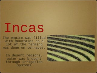 Incas 
The empire was filled 
with mountains so a 
lot of the farming 
was done on terraces. 
In desert regions, 
water was brought 
through irrigation 
systems 
 