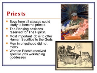 Priests Boys from all classes could study to become priests Top Ranking positions reserved for The Pipiltin. Most important job is to offer Human Sacrifice to the Gods Men in priesthood did not marry Women Priests received specific jobs worshiping goddesses 