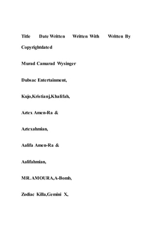 Title Date Written Written With Written By
Copyrightdated
Murad Camarad Wysinger
Dubsac Entertainment,
Kujo,Kristianj,Khalifah,
Aztex Amen-Ra &
Aztexahmian,
Aalifa Amen-Ra &
Aalifahmian,
MR.AMOURA,A-Bomb,
Zodiac Killa,Gemini X,
 