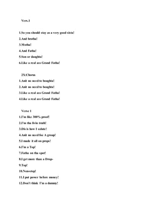 Vers.1
1.So you should stay as a very good sista!
2.And brotha!
3.Motha!
4.And Fatha!
5.Son or daughta!
6.Like a real ass Grand Fatha!
2X:Chorus
1.Anit no need to boughta!
2.Anit no need to boughta!
3.Like a real ass Grand Fatha!
4.Like a real ass Grand Fatha!
Verse 1
1.I’m like 300% proof!
2.I’m tha livin truth!
3.Dis is how I solute!
4.Anit no need foe A group!
5.I made it all on props!
6.I’m a Top!
7.Fatha on tha spot!
8.I get more than a Drop-
9.Top!
10.Non-stop!
11.I put power before money!
12.Don’t think I’m a dummy!
 