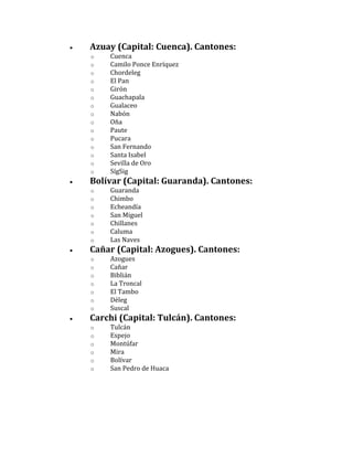 Azuay (Capital: Cuenca). Cantones:
o   Cuenca
o   Camilo Ponce Enríquez
o   Chordeleg
o   El Pan
o   Girón
o   Guachapala
o   Gualaceo
o   Nabón
o   Oña
o   Paute
o   Pucara
o   San Fernando
o   Santa Isabel
o   Sevilla de Oro
o   SígSig
Bolívar (Capital: Guaranda). Cantones:
o   Guaranda
o   Chimbo
o   Echeandía
o   San Miguel
o   Chillanes
o   Caluma
o   Las Naves
Cañar (Capital: Azogues). Cantones:
o   Azogues
o   Cañar
o   Biblián
o   La Troncal
o   El Tambo
o   Déleg
o   Suscal
Carchi (Capital: Tulcán). Cantones:
o   Tulcán
o   Espejo
o   Montúfar
o   Mira
o   Bolívar
o   San Pedro de Huaca
 