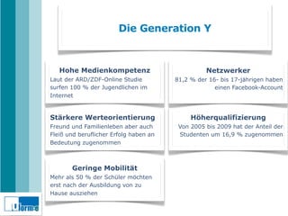 Die Generation Y



   Hohe Medienkompetenz                           Netzwerker
Laut der ARD/ZDF-Online Studie          81,2 % der 16- bis 17-jährigen haben
surfen 100 % der Jugendlichen im                     einen Facebook-Account
Internet


Stärkere Werteorientierung                   Höherqualifizierung
Freund und Familienleben aber auch       Von 2005 bis 2009 hat der Anteil der
Fleiß und beruflicher Erfolg haben an    Studenten um 16,9 % zugenommen
Bedeutung zugenommen



       Geringe Mobilität
Mehr als 50 % der Schüler möchten
erst nach der Ausbildung von zu
Hause ausziehen
 