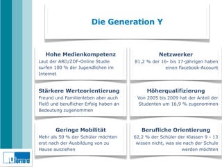 Die Generation Y



   Hohe Medienkompetenz                            Netzwerker
Laut der ARD/ZDF-Online Studie          81,2 % der 16- bis 17-jährigen haben
surfen 100 % der Jugendlichen im                     einen Facebook-Account
Internet


Stärkere Werteorientierung                   Höherqualifizierung
Freund und Familienleben aber auch       Von 2005 bis 2009 hat der Anteil der
Fleiß und beruflicher Erfolg haben an    Studenten um 16,9 % zugenommen
Bedeutung zugenommen



       Geringe Mobilität                   Berufliche Orientierung
Mehr als 50 % der Schüler möchten       62,2 % der Schüler der Klassen 9 - 13
erst nach der Ausbildung von zu          wissen nicht, was sie nach der Schule
Hause ausziehen                                               werden möchten
 