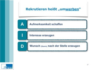 Rekrutieren heißt „umwerben“



A    Aufmerksamkeit schaffen



I    Interesse erzeugen



D     Wunsch (Desire) nach der Stelle erzeugen




                                                 17
 