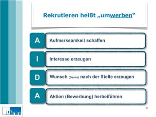 Rekrutieren heißt „umwerben“



A    Aufmerksamkeit schaffen



I    Interesse erzeugen



D     Wunsch (Desire) nach der Stelle erzeugen



A    Aktion (Bewerbung) herbeiführen

                                                 17
 
