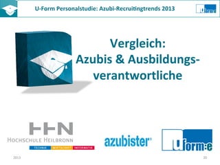U-­‐Form	
  Personalstudie:	
  Azubi-­‐Recrui8ngtrends	
  2013	
  	
  
Vergleich:	
  
Azubis	
  &	
  Ausbildungs-­‐
verantwortliche	
  
2013	
   20	
  
 
