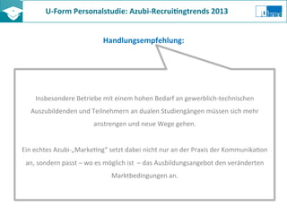 U-­‐Form	
  Personalstudie:	
  Azubi-­‐Recrui8ngtrends	
  2013	
  	
  
Handlungsempfehlung:	
  
Insbesondere	
  Betriebe	
  mit	
  einem	
  hohen	
  Bedarf	
  an	
  gewerblich-­‐technischen	
  
Auszubildenden	
  und	
  Teilnehmern	
  an	
  dualen	
  Studiengängen	
  müssen	
  sich	
  mehr	
  
anstrengen	
  und	
  neue	
  Wege	
  gehen.	
  
	
  
Ein	
  echtes	
  Azubi-­‐„MarkeZng“	
  setzt	
  dabei	
  nicht	
  nur	
  an	
  der	
  Praxis	
  der	
  KommunikaZon	
  
an,	
  sondern	
  passt	
  –	
  wo	
  es	
  möglich	
  ist	
  	
  –	
  das	
  Ausbildungsangebot	
  den	
  veränderten	
  
Marktbedingungen	
  an.	
  
 