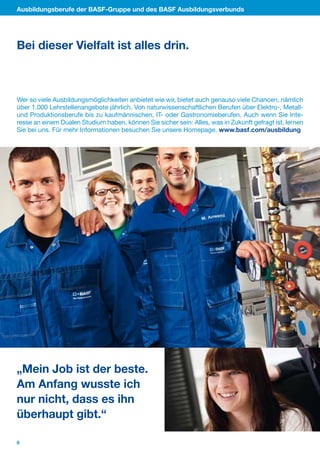 Ausbildungsberufe der BASF-Gruppe und des BASF Ausbildungsverbunds




Bei dieser Vielfalt ist alles drin.



Wer so viele Ausbildungsmöglichkeiten anbietet wie wir, bietet auch genauso viele Chancen, nämlich
über 1.000 Lehrstellenangebote jährlich. Von naturwissenschaftlichen Berufen über Elektro­, Metall­
und Produktionsberufe bis zu kaufmännischen, IT­ oder Gastronomieberufen. Auch wenn Sie Inte­
resse an einem Dualen Studium haben, können Sie sicher sein: Alles, was in Zukunft gefragt ist, lernen
Sie bei uns. Für mehr Informationen besuchen Sie unsere Homepage. www.basf.com/ausbildung




„Mein Job ist der beste.
Am Anfang wusste ich
nur nicht, dass es ihn
überhaupt gibt.“

8
 