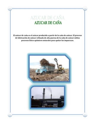 El azúcar de caña es el azúcar producido a partir de la caña de azúcar. El proceso
de fabricación de azúcar refinado de alta pureza de la caña de azúcar utiliza
procesos físico-químicos naturales para quitar las impurezas.