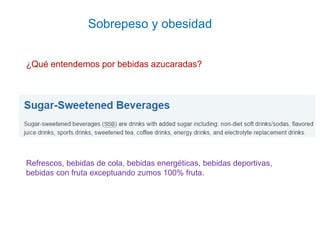 Sobrepeso y obesidad
¿Qué entendemos por bebidas azucaradas?
Refrescos, bebidas de cola, bebidas energéticas, bebidas depo...