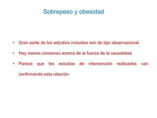 Sobrepeso y obesidad
• Gran parte de los estudios incluidos son de tipo observacional.
• Hay menos consenso acerca de la f...