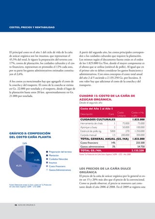 COsTOs, PRECIOs y RENTABILIDAD 
El principal costo en el año 1 del ciclo de vida de la caña 
de azúcar orgánica son los insumos, que representan el 
45,5% del total, le siguen la preparación del terreno con 
17%, costos de plantación, los cuidados culturales y el cos-to 
financiero, representan en promedio el 12% cada uno, 
por su parte los gastos administrativos estimados constitu-yen 
el 2,6%. 
A los costos ya mencionados hay que agregarle el costo de 
la cosecha y del trasporte. El costo de la cosecha se estima 
en Gs. 22.000 por tonelada y el trasporte, desde el lugar de 
la plantación hasta unos 20 km. aproximadamente en Gs. 
21.000 por tonelada. 
2,6% 
12,0% 
11,0% 
17,0% 
11,9% 
45,5% 
56 AzúCAR ORGáNICA 
A partir del segundo año, los costos principales correspon-den 
a los cuidados culturales que requiere la plantación. 
Los mismos según el documento fuente están en el orden 
de los 1.825.000 Gs./Ton, donde el mayor componente es 
el abono que se utiliza (estiércol de pollo). Al igual que en 
el primer año se deben considerar los gastos financieros y 
administrativos. Con estos conceptos el costo total anual 
del año 2 al 5 asciende a 2.135.250 Gs. por hectárea. A 
este valor hay que adicionar el costo de la cosecha y del 
transporte. 
CuADRO 15: COsTO DE LA CAñA DE 
AzúCAR ORgáNICA. 
Desde el segundo año 
Costo del Año 2 al Año 5 
Descripción Cant. 
Costo 
Unitario 
Costo x ha. 
x año 
CuIDADOs CuLTuRALEs 1.825.000 
herramienta de chala 1 75.000 75.000 
Aporque a buey 2 50.000 100.000 
Estiércol de pollo kg. 5000 270 1.350.000 
Carpida manual 1,5 200.000 300.000 
TOTAL gENERAL ANuAL (gs./hA) 1.825.000 
Costo financiero 14% 255.500 
Gastos administrativos 3% 54.750 
TOTAL gs./hA. 2.135.250 
Fuente: “La Producción de Caña Dulce Orgánica”, AZPA – GTZ – Año 2008 
LOs PRECIOs DE LA CAñA DuLCE 
ORgáNICA 
El precio de la caña de azúcar orgánica por lo general es en-tre 
un 15 y 20% más alto que el precio de la convencional. 
Como se puede observar, el precio se mantuvo casi cons-tante 
desde el año 2006 al 2008. En el 2009 se registra una 
gRáFICO 8: COMPOsICIóN 
DEL COsTO CAñA PLANTA 
Preparación del terreno 
Plantación 
Cuidados Naturales 
Insumos 
Costo Financiero 
Gastos Administrativos 
Fuente: Elaboración propia en base a datos de “La Producción 
de Caña Dulce Orgánica”, AZPA – GTZ 2008. 
 