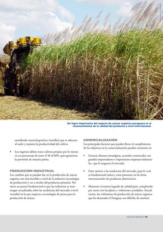 un logro importante del negocio de azúcar orgánica paraguaya es el 
reconocimiento de la calidad del producto a nivel internacional. 
AzúCAR ORGáNICA 79 
sarrollando material genético (semillas) que se adecuen 
al suelo y mejoren la productividad del cultivo. 
• Los ingenios deben tener cultivos propios por lo menos 
en un porcentaje de entre el 40 al 60%, para garantizar 
la provisión de materia prima. 
PRODuCCIóN INDusTRIAL 
Los cambios que se puedan dar en la producción de azúcar 
orgánica son más factibles a nivel de la industria (tecnologías 
de producción) y no a niveles del productor primario. Por 
tanto un punto fundamental es que las industrias se man-tengan 
actualizadas sobre las tendencias del mercado a nivel 
mundial en lo que respecta a tecnologías de punta para la 
producción de azúcar. 
COMERCIALIzACIóN 
Los principales factores que pueden llevar al cumplimiento 
de los objetivos en la comercialización pueden resumirse en: 
• Generar alianzas estratégicas, acuerdos comerciales con 
grandes importadores o importantes empresas industria-les., 
que le aseguren el mercado. 
• Estar atentos a las tendencias del mercado, para lo cual 
es fundamental visitar y estar presentes en las ferias 
internacionales de productos alimenticios. 
• Mantener el estatus logrado de calidad país, cumpliendo 
por tanto con los plazos y volúmenes acordados. Actual-mente, 
los volúmenes de producción de azúcar orgánica 
que ha alcanzado el Paraguay son difíciles de sustituir. 
STOCk.xChNG (WWW.SxC.hU) 
 