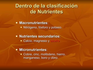 Dentro de la clasificación de Nutrientes <ul><li>Macronutrientes : </li></ul><ul><ul><li>Nitrógeno, fósforo y potasio. </l...