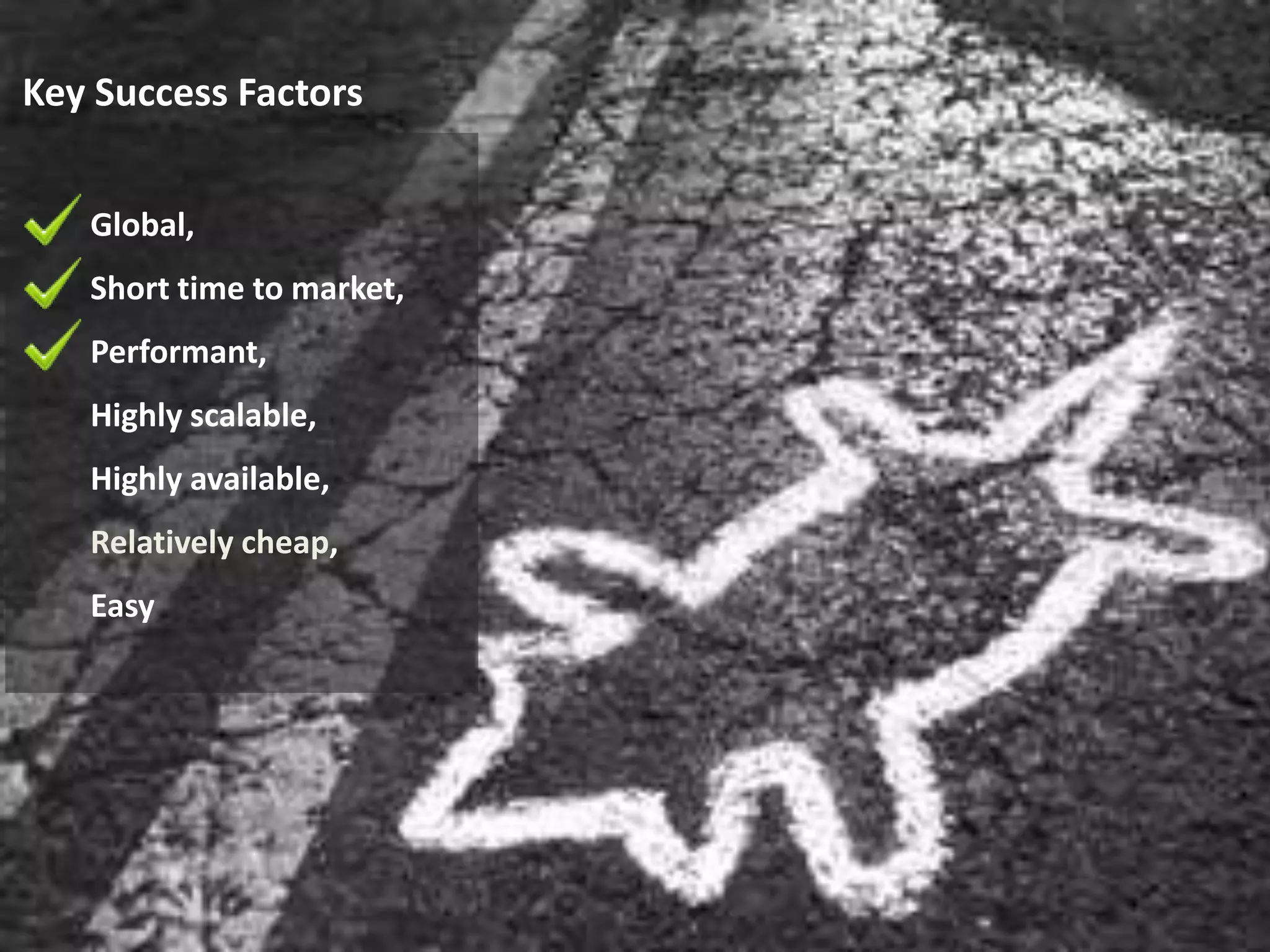 Key Success Factors


   Global,
   Short time to market,
   Performant,
   Highly scalable,
   Highly available,
   Relatively cheap,
   Easy
 