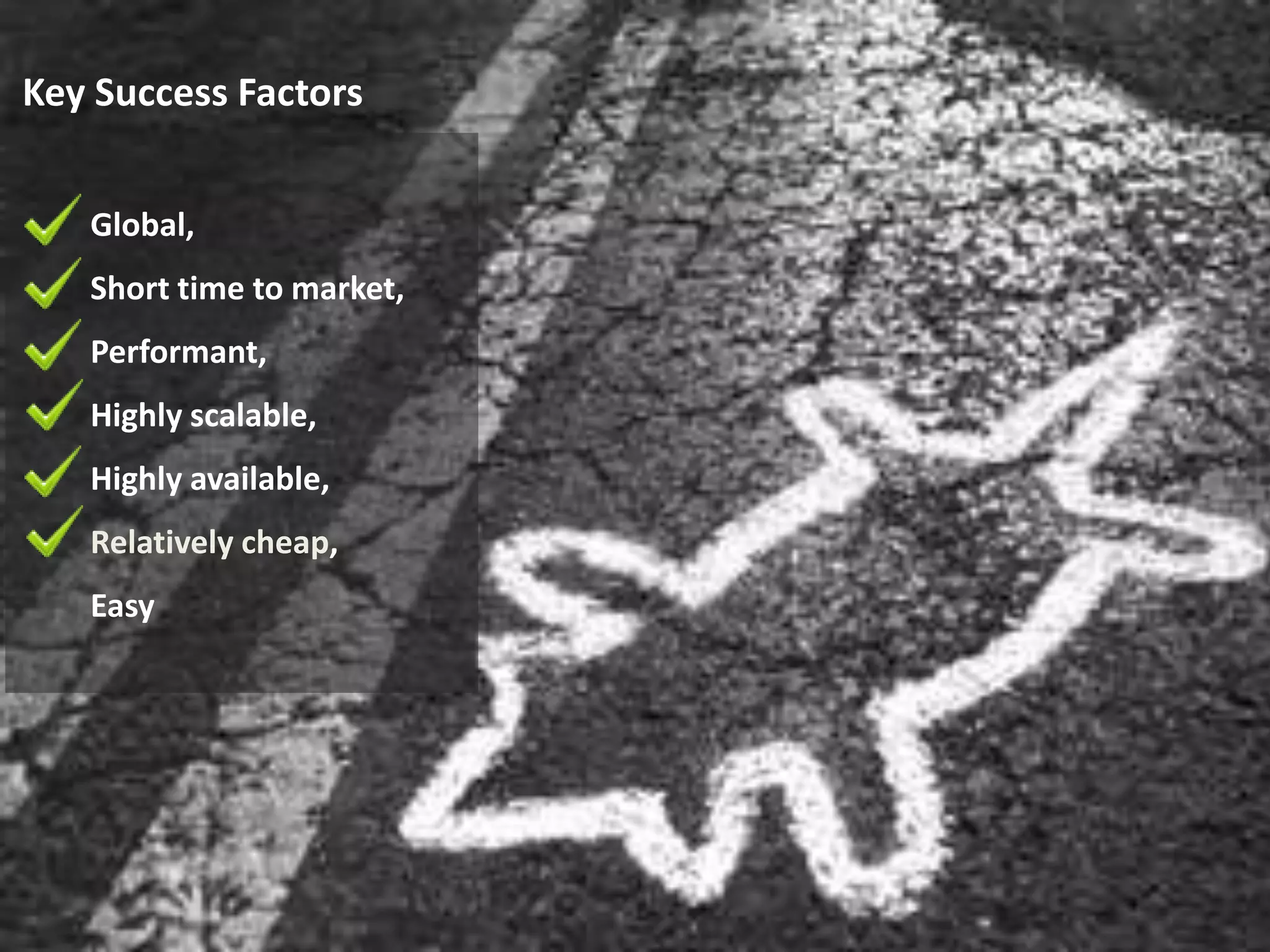 Key Success Factors


   Global,
   Short time to market,
   Performant,
   Highly scalable,
   Highly available,
   Relatively cheap,
   Easy
 