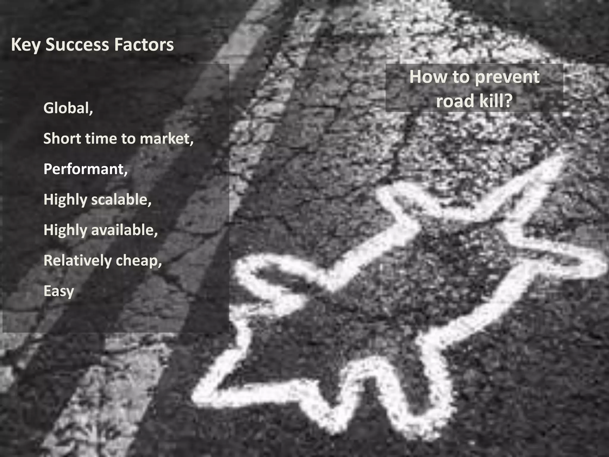 Key Success Factors
                           How to prevent
   Global,                   road kill?
   Short time to market,
   Performant,
   Highly scalable,
   Highly available,
   Relatively cheap,
   Easy
 