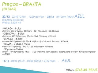 Preços – BRA/ITA
(20 DIAS)
22/12 - 22:40 (GRU) - 12:00 de voo – 23/12 - 10:40am (MLA)
Dia 23/12 descanço

AZUL

Preço: 2.638, 48
•MILÃO - 4 dias
de trem - 28/12 (Milão) 06:25am – 8:21 (Genova) = 30,00 reais

•GENOVA - 3 dias

de trem – 30/12 (Genova) 17:43 – 23:40 (Veneza) = 70 reais

•VENEZA – 4 dias

aviao – 04/12 (Veneza) 8:05 – 9:10 (Roma) = 360 reais. Empresa ALITÁLIA

•ROMA – 4 dias e meio

trem – 07/12 (Roma) 18:45 – 21:35 (Nápoles) = 121 reais

•Nápoles – 3 dias

avião – 10/12 (Napoles) 14:25 – 15:20 (Palermo [sem passeio, espera para o vôo) = 407 reais empresa
ALITÁLIA

11/12 - 06:55 (PLO) – 00:50 (GRU) = 2122 reais

-

AZUL
TOTAL= 5748.48

REAIS

 