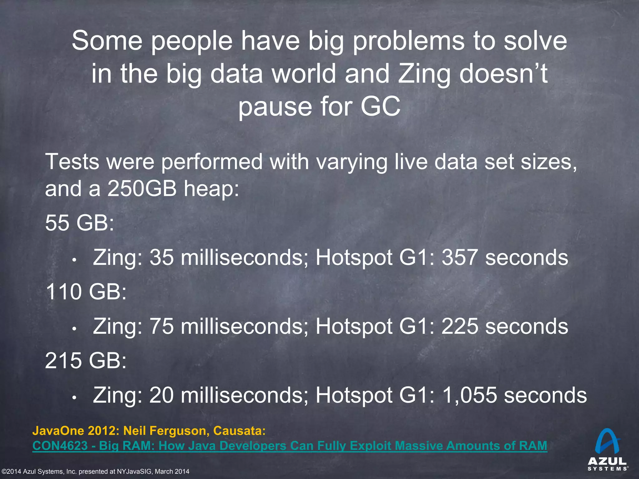 ©2014 Azul Systems, Inc. presented at NYJavaSIG, March 2014
Some people have big problems to solve
in the big data world and Zing doesn’t
pause for GC
Tests were performed with varying live data set sizes,
and a 250GB heap:
55 GB:
• Zing: 35 milliseconds; Hotspot G1: 357 seconds
110 GB:
• Zing: 75 milliseconds; Hotspot G1: 225 seconds
215 GB:
• Zing: 20 milliseconds; Hotspot G1: 1,055 seconds
JavaOne 2012: Neil Ferguson, Causata:
CON4623 - Big RAM: How Java Developers Can Fully Exploit Massive Amounts of RAM
 