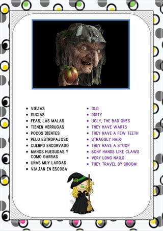 VIEJAS             OLD
SUCIAS             DIRTY
FEAS, LAS MALAS    UGLY, THE BAD ONES
TIENEN VERRUGAS    THEY HAVE WARTS
POCOS DIENTES      THEY HAVE A FEW TEETH
PELO ESTROPAJOSO   STRAGGLY HAIR
CUERPO ENCORVADO   THEY HAVE A STOOP
MANOS HUESUDAS Y   BONY HANDS LIKE CLAWS
COMO GARRAS        VERY LONG NAILS
UÑAS MUY LARGAS    THEY TRAVEL BY BROOM
VIAJAN EN ESCOBA
 