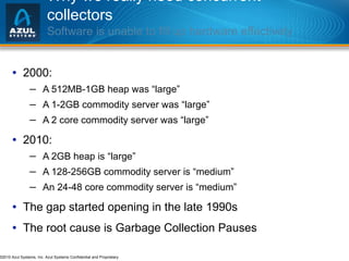 Why we really need concurrent collectors Software is unable to fill up hardware effectively   2000: A 512MB-1GB heap was “large” A 1-2GB commodity server was “large” A 2 core commodity server was “large” 2010: A 2GB heap is “large” A 128-256GB commodity server is “medium” An 24-48 core commodity server is “medium” The gap started opening in the late 1990s The root cause is Garbage Collection Pauses 