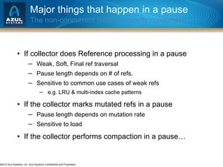 Major things that happen in a pause The non-concurrent parts of “mostly concurrent” If collector does Reference processing in a pause Weak, Soft, Final ref traversal Pause length depends on # of refs. Sensitive to common use cases of weak refs e.g. LRU & multi-index cache patterns If the collector marks mutated refs in a pause Pause length depends on mutation rate Sensitive to load If the collector performs compaction in a pause… 