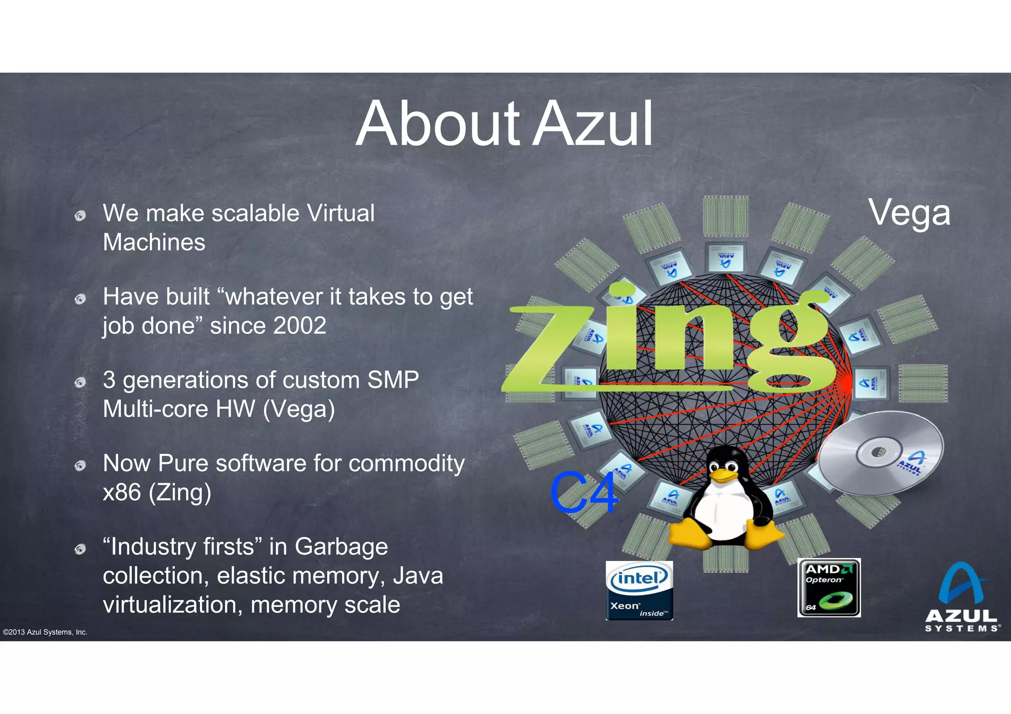 About Azul
Vega

We make scalable Virtual
Machines
Have built “whatever it takes to get
job done” since 2002
3 generations of custom SMP
Multi-core HW (Vega)
Now Pure software for commodity
x86 (Zing)
“Industry firsts” in Garbage
collection, elastic memory, Java
virtualization, memory scale
©2013 Azul Systems, Inc.

C4

 
