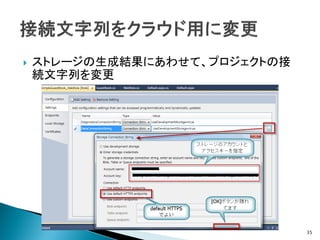    ストレージの生成結果にあわせて、プロジェクトの接
    続文字列を変更




                               35
 