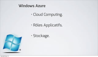 Windows Azure

                            • Cloud Computing.

                            • Rôles Applicatifs.

                            • Stockage.




mercredi 20 juin 12
 