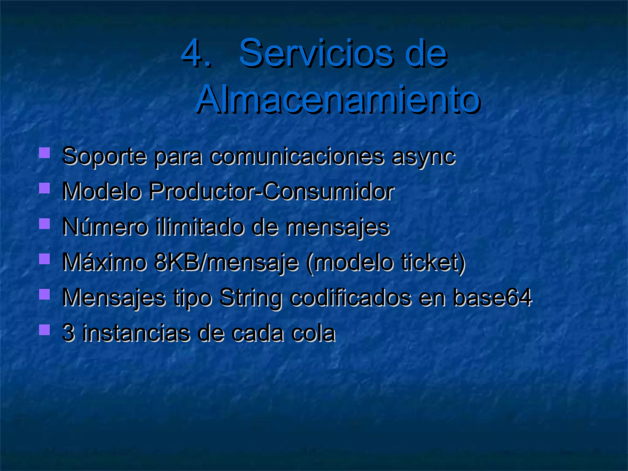 4. Servicios de Almacenamiento

   Ejercicio: Tabla de colores
     Crear una entidad Colores
     Crear un contexto
     Crear una página para hacer CRUD
 