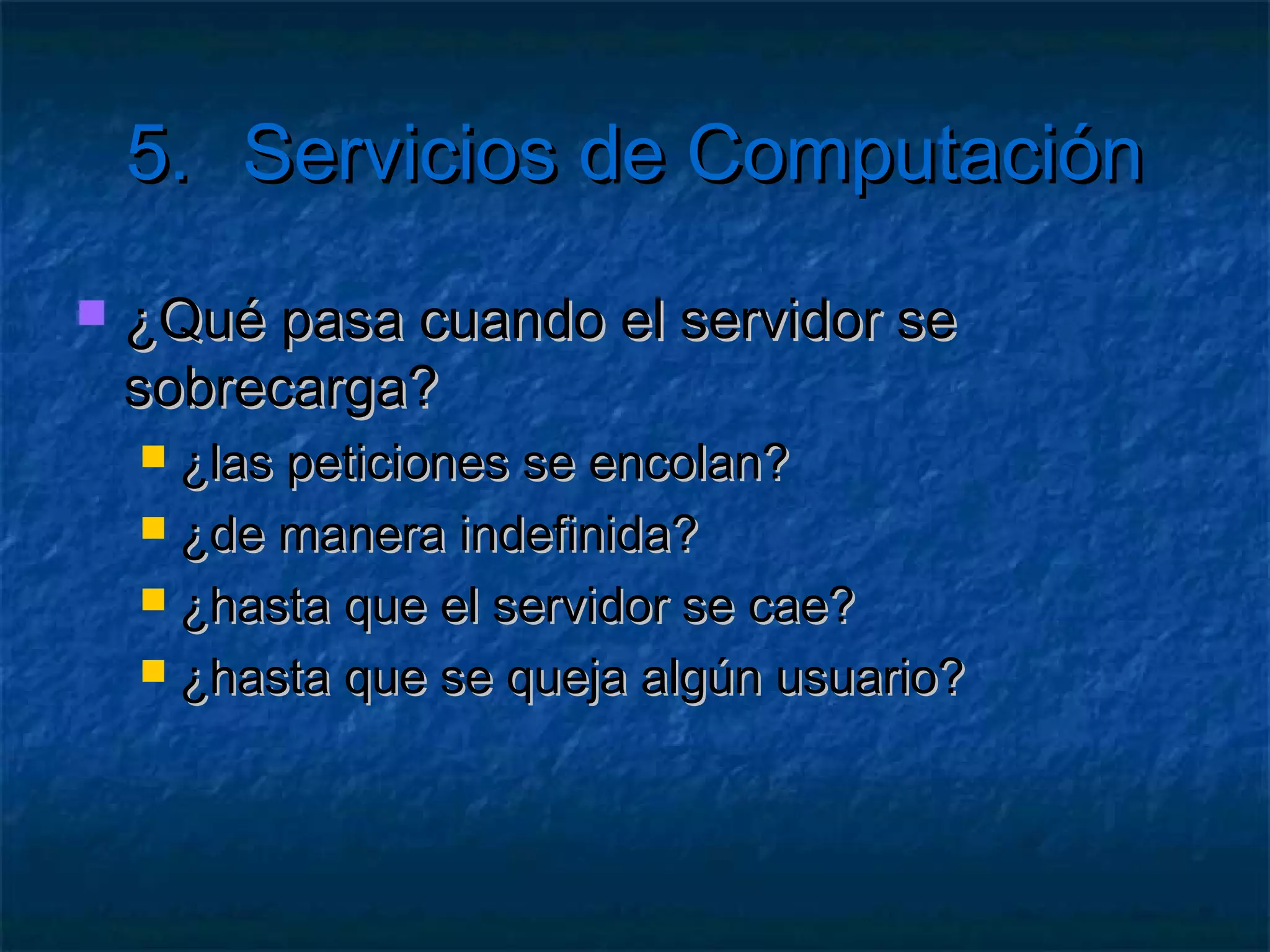 4. Servicios de Almacenamiento

   Uso de la cola
     REST  y StorageClient … de nuevo
     Clase CloudQueueClient
          ListQueues();
          CreateIfNotExist();
          Delete();
          Clear();
          SetMetadata();
          GetQueueReference();
 