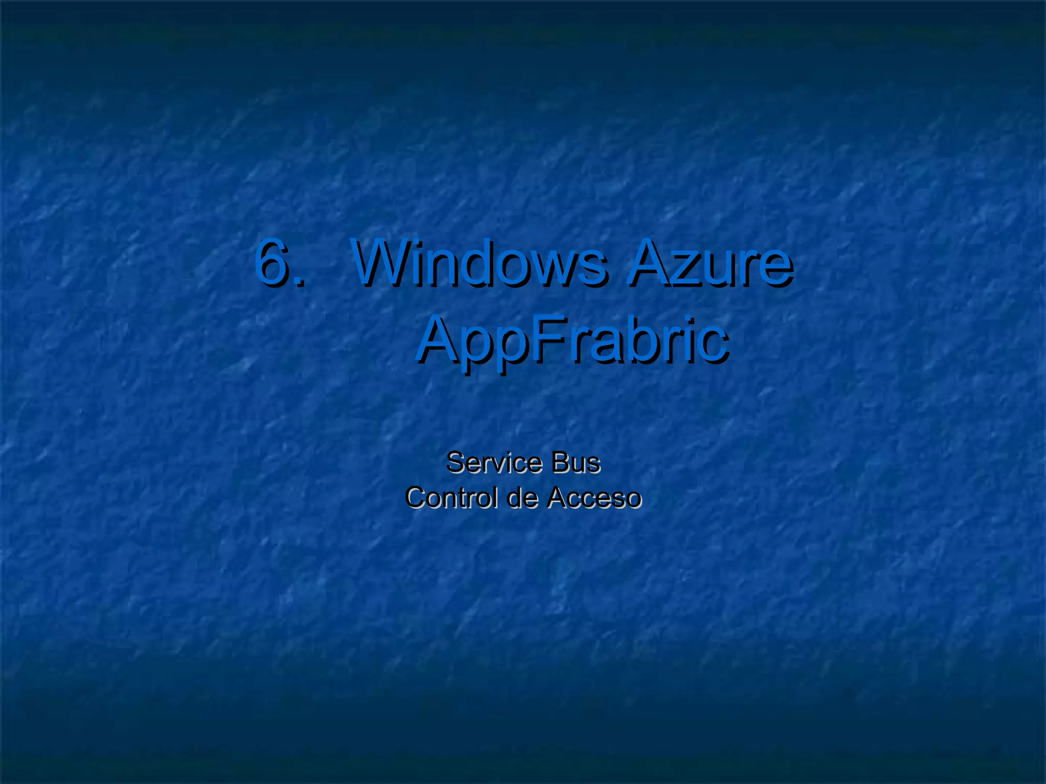 5.     Servicios de Computación
 private void IniciarServicioCalculadora(){
    this.host = new ServiceHost(typeof(MiCalculadora));
    var bind = new NetTcpBinding(SecurityMode.None);
    var ep = RoleEnvironment.CurrentRoleInstance.
      InstanceEndpoints["miEndpointDeServicio"];

     this.host.AddServiceEndpoint(typeof(ICalculadora),
       bind, String.Format("net.tcp://{0}/MiServicio",
       ep.IPEndpoint));

     this.host.Open();
     while (true){ Thread.Sleep(500000); }
 }
 