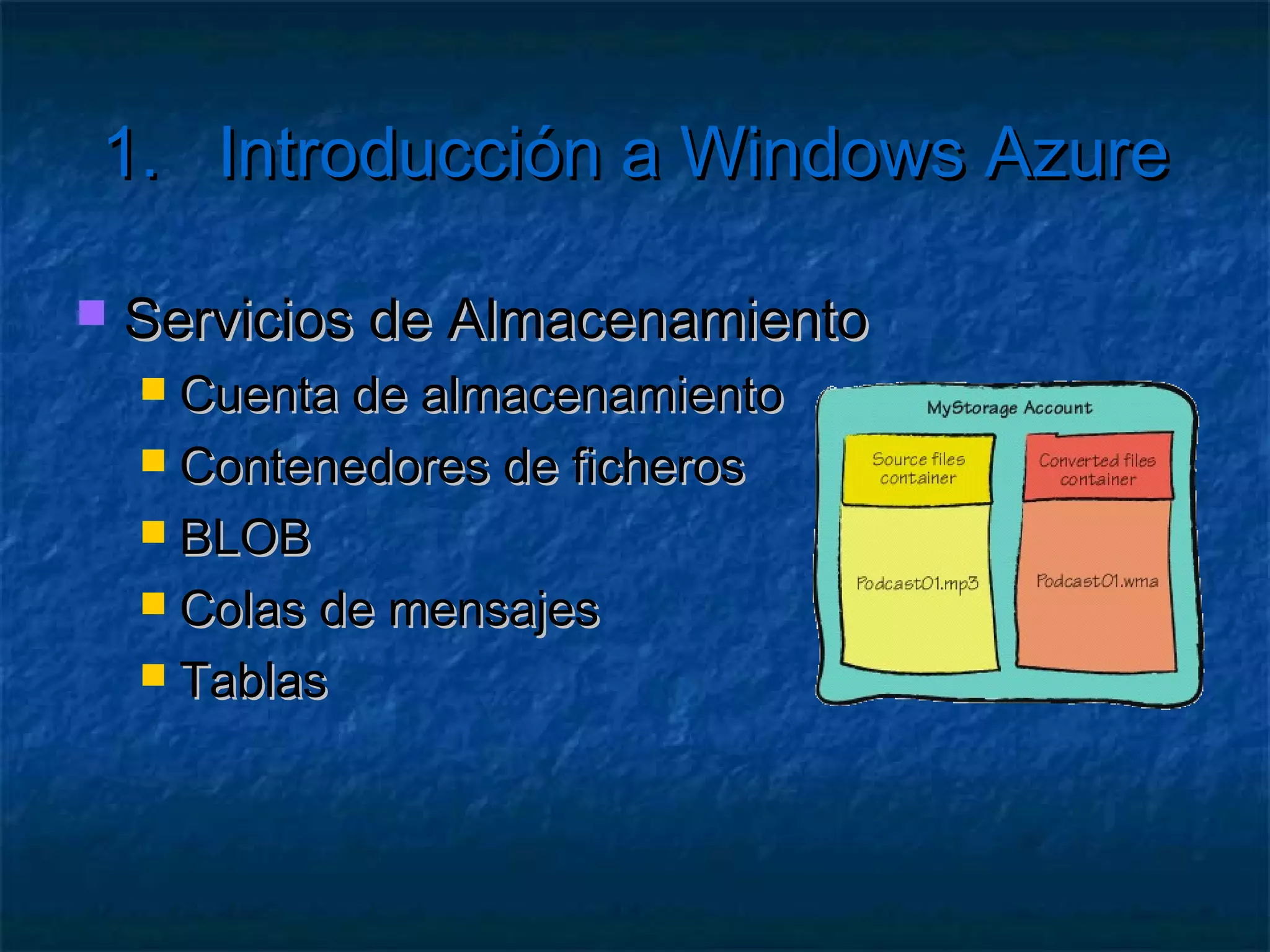 1.      Introducción a Windows Azure

   Servicios de Almacenamiento
      Abstracción del almacén físico
      Independiente de máquina
      Compartido
      Endpoints de acceso (URIs)
      Accesibles por REST
      Tokens de autenticación
 