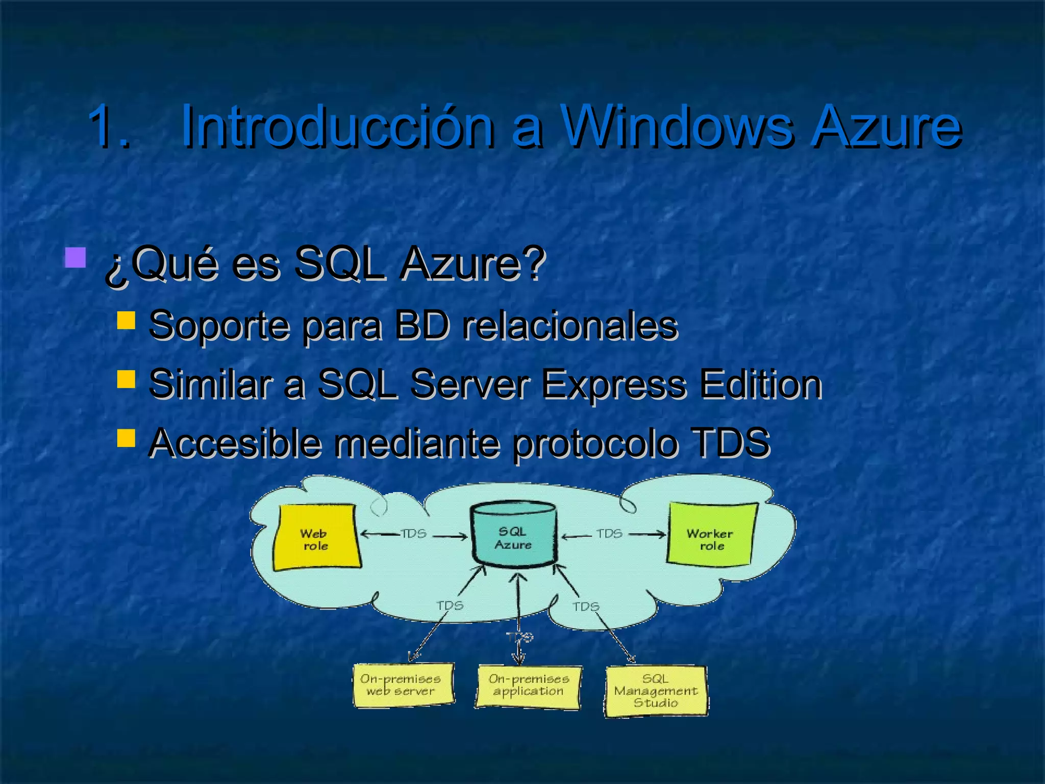 1.      Introducción a Windows Azure

   Y, ¿todo esto es Azure?
      Incluso más
      Windows Azure Platform
      SQL Azure
      AppFabric
      CDN
      Virtual Machine
     …
 
