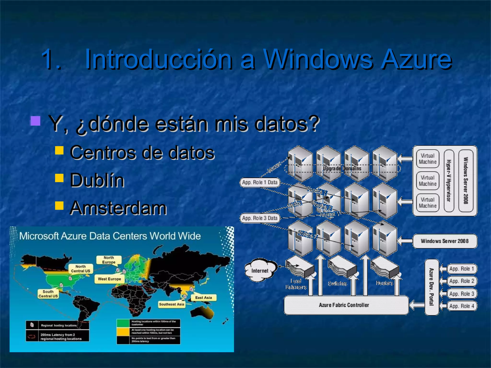 1.      Introducción a Windows Azure

   ¿Qué es AppFabric?
      .Net Services
      Servicios de control de acceso (ACS)
        Compatible    con autenticación de terceros
      Service   BUS
        Comunicación    con otras aplicaciones
 