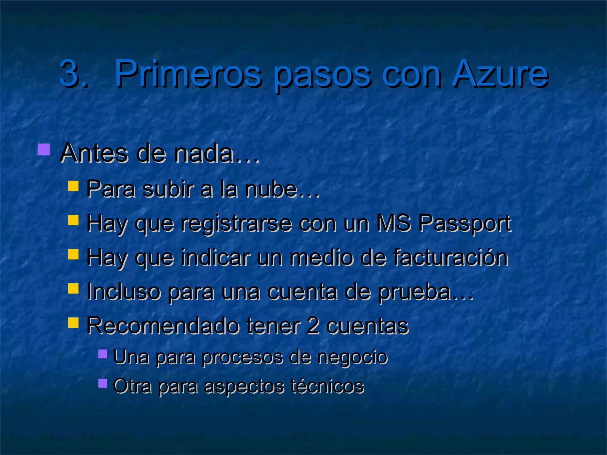 2.                      Instalación

   Posibles problemas
     Instancia    de la BD local no accesible
        Azure  Command Prompt
        dsinit /sqlInstance:. /forceCreate

     No   se ejecuta el proyecto
        Liberar
               los puertos 80 y siguientes del IIS
        Comprobar la versión del SDK y del Tools
        Comprobar el emulador de cómputo (dfui)
 