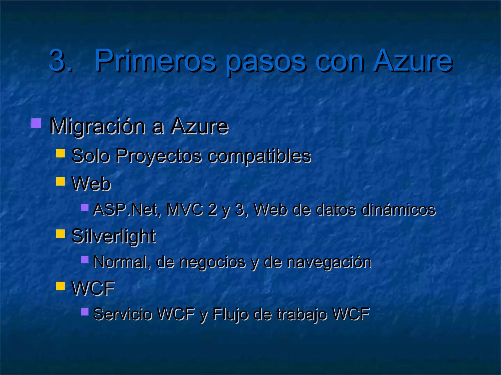 3.           Primeros pasos con Azure
   Ejercicio 3: Obtener datos del servidor
       Añadir la librería Microsoft.VisualBasic
       Utilizar las clases Computer y Environment
       Mostrar:
            Nombre de la máquina
            SO (nombre, versión,…)
            Número de procesadores
            Directorio actual
            Nombre de usuario
            ¿Otros?
 