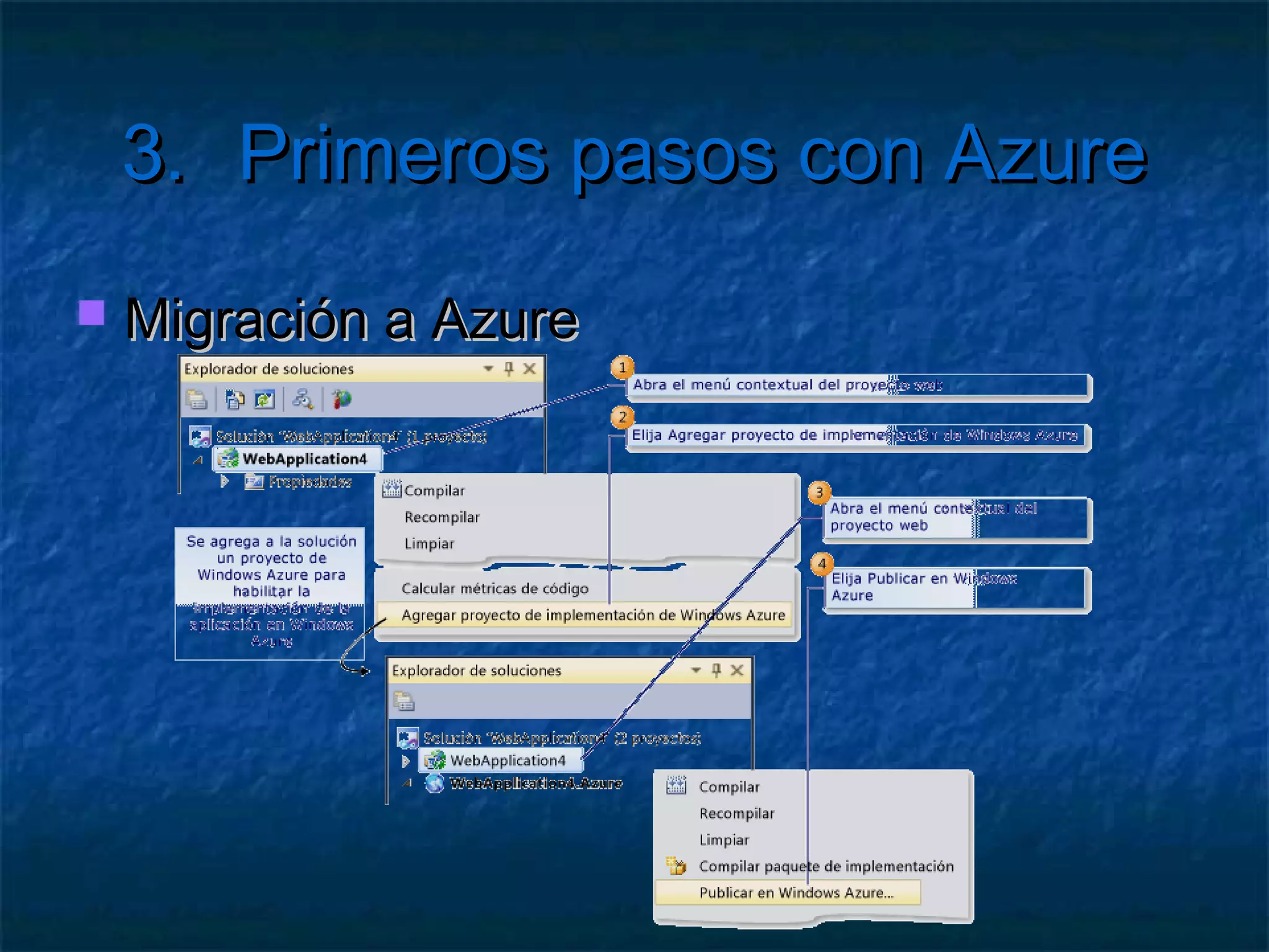 3.         Primeros pasos con Azure
   Ejercicio 4: Obtener la lista de procesos activos
       Y mostrarla en una página
       Procesos WaIISHost y MonAgentHost

         var procesos = Process.GetProcesses();
         from p in procesos
         orderby p.ProcessName
         select new {
                 Nombre = p.ProcessName,
                 Id = p.Id.ToString()
         };
 